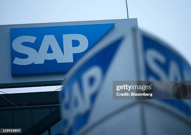 Logo sits above the SAP AG headquarters in Walldorf, Germany, on Wednesday, Jan. 23, 2013. SAP AG, the biggest maker of business-management software,...