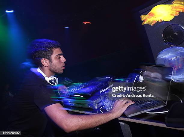 Noah Becker takes a turn in the DJ booth during the Michalsky Style Nite after party during the Mercedes-Benz Fashion Week at Tempodrom on January...