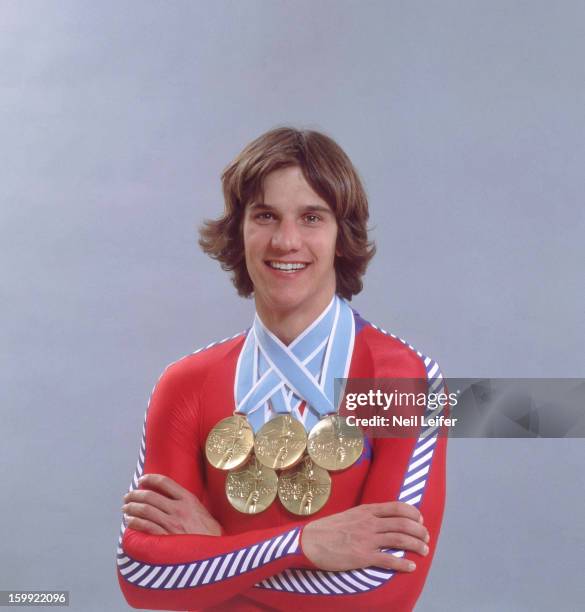 Winter Olympics: Portrait of USA Eric Heiden victorious, posing with his five gold medals. Lake Placid, NY 2/23/1980 -- 2/28/1980 CREDIT: Neil Leifer