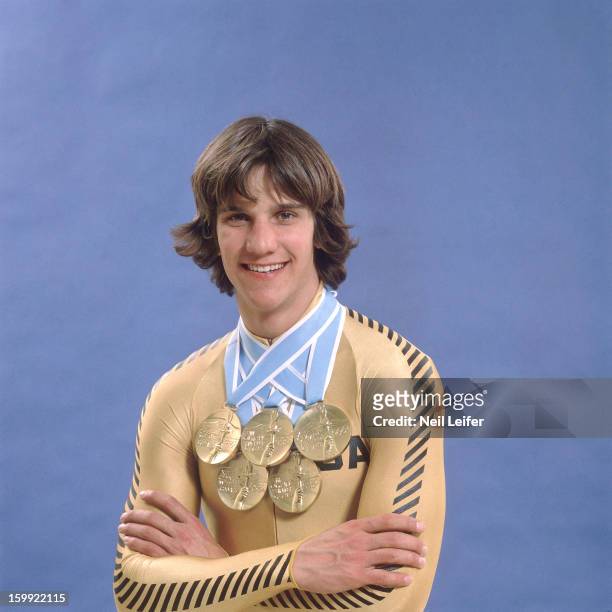 Winter Olympics: Portrait of USA Eric Heiden victorious, posing with his five gold medals. Lake Placid, NY 2/23/1980 -- 2/28/1980 CREDIT: Neil Leifer