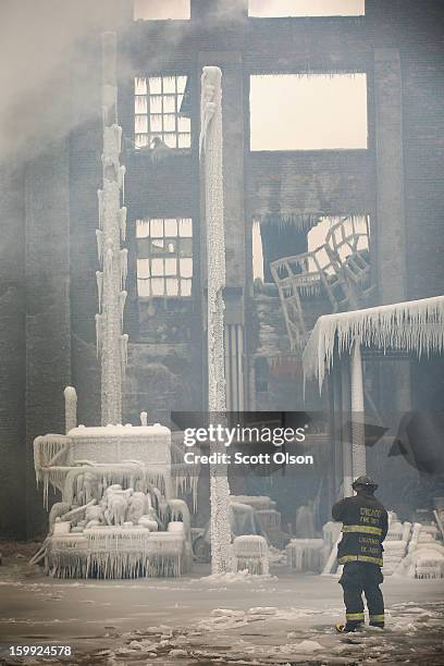 Firefighters help to extinguish a massive blaze at a vacant warehouse on January 23, 2013 in Chicago, Illinois. More than 200 firefighters battled a...