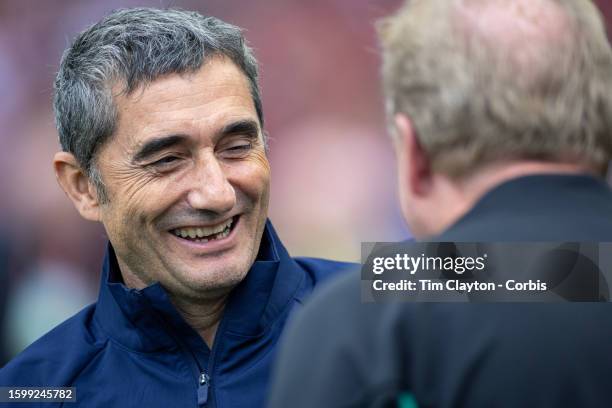 August 6: Ernesto Valverde, manager of Athletic Bilbao, is greeted by Steve McClaren, assistant coach of Manchester United on the sideline before the...