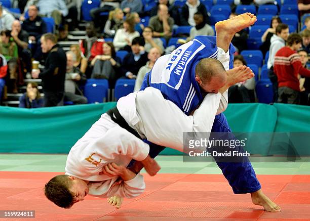 Paralympic silver medallist, Sam Ingram of Edinburgh , here resisting a standing armlock, defeated Frazer Chamberlain of Camberley by ippon from a...