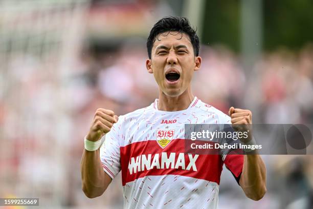 Wataru Endo of VfB Stuttgart gestures, celebrates after scoring his team's fourth goal during the DFB cup first round match between TSG Balingen and...