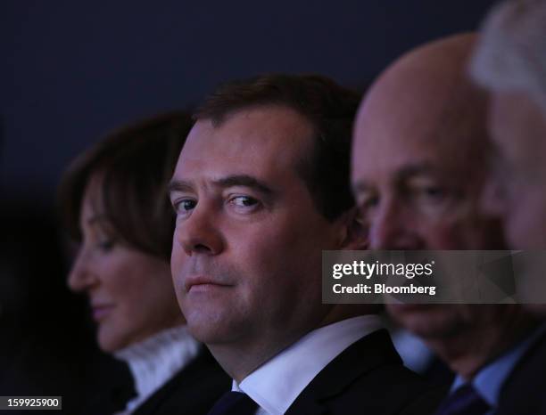 Dmitry Medvedev, Russia's prime minister, listens during the opening session on the first day of the World Economic Forum in Davos, Switzerland, on...