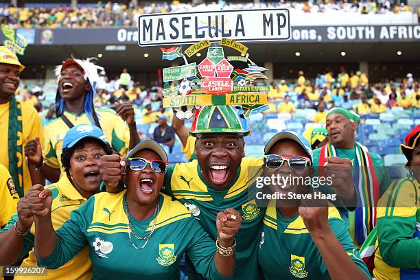 Fans during the 2013 African Cup of Nations match between South Africa and Angola at Moses Mahbida Stadium on January 23, 2013 in Durban, South...