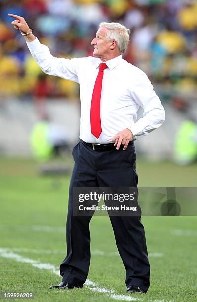 Bafana Bafana coach Gordon Igesund during the 2013 African Cup of Nations match between South Africa and Angola at Moses Mahbida Stadium on January...