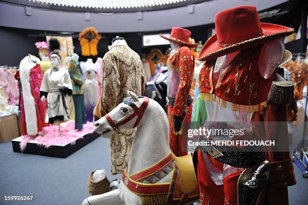 Stage costumes are pictured ahead of an auction in Paris on January 23, 2013 of a unique collection containing over 5000 costumes and accessories...