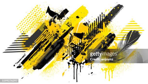 ilustraciones, imágenes clip art, dibujos animados e iconos de stock de vector de texturas y patrones grunge negro, blanco y amarillo - stencil