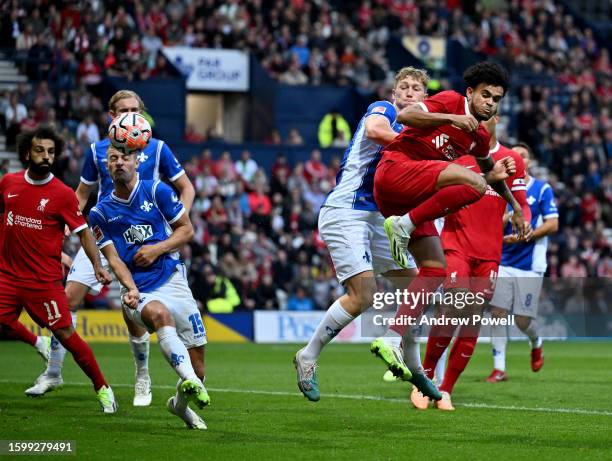 Luis Diaz of Liverpool scoring the third goal making the score 3-1 during the pre-season friendly match between Liverpool FC and SV Darmstadt 98 at...