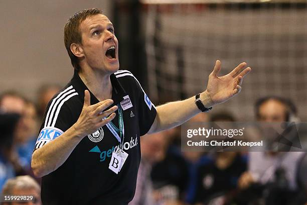 Head coach Martin Heuberger of Germany prays during the quarterfinal match between Spain and Germany at Pabellon Principe Felipe Arena on January 23,...