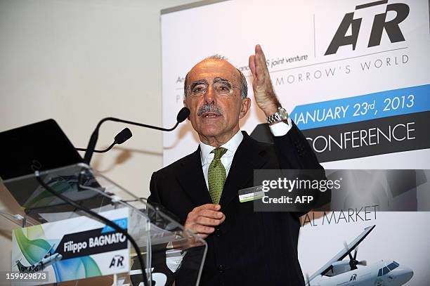Chief executive officer of Franco-Italian aeronautics manufacturer ATR Filippo Bagnato speaks during the ATR's press conference on January 23, 2013...