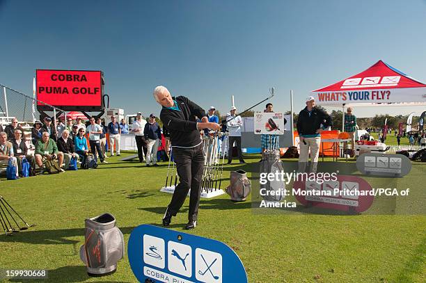 John O'Hurley speaks at the Cobra Puma Golf tent during Demo Day at the PGA Merchandise Show at the Orange County National Golf Course in Winter...