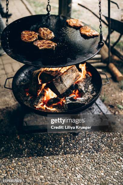 grill with roasting pork steaks. - camping with bone fire stock-fotos und bilder