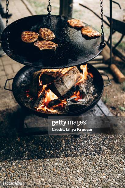 grill with roasting pork steaks. - camping with bone fire stock pictures, royalty-free photos & images