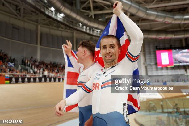 Matthew Rotherham and Neil Fachie of Team Great Britain celebrate after winning Men B Track Sprint at the 96th UCI Glasgow 2023 Cycling World...