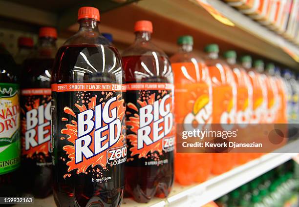 Soft drinks are displayed on the shelf of a local market on January 23, 2013 in Los Angeles, California. According to reports, carbonated soft drink...