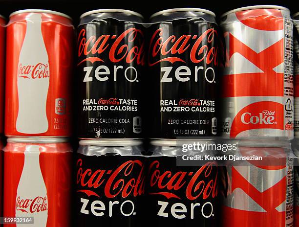 Soft drinks are displayed on the shelf of a local market on January 23, 2013 in Los Angeles, California. According to reports, carbonated soft drink...