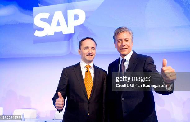 Bill McDermott and Jim Hagemann Snabe, CO-CEOs of SAP AG, during the annual results press conference on January 23, 2013 in Walldorf, Germany. SAP...