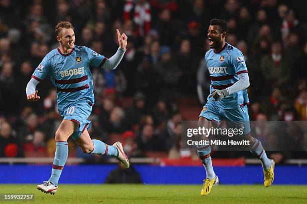 Jack Collison of West Ham United celebrates scoring the opening goal with Ricardo Vaz Te of West Ham United during the Barclays Premier League match...