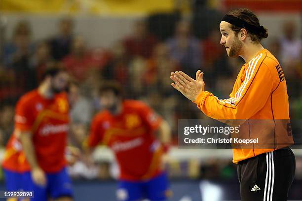 Silvio Heinevetter of Germany shows his frustration during the quarterfinal match between Spain and Germany at Pabellon Principe Felipe Arena on...