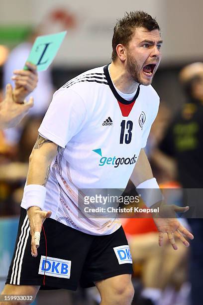 Christoph Theuerkauf of Germany shows his frustration during the quarterfinal match between Spain and Germany at Pabellon Principe Felipe Arena on...
