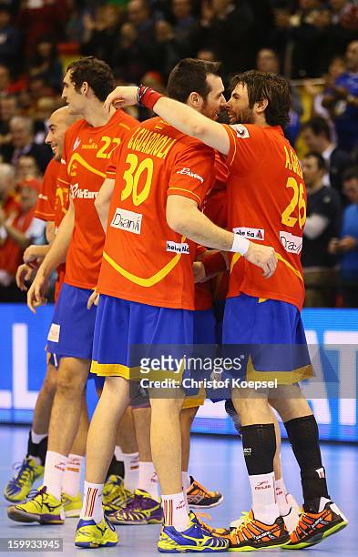 Gedeon Guardiola aned Antonio Garcia of Spain celebrate the 28-24 vicotry after the quarterfinal match between Spain and Germany at Pabellon Principe...