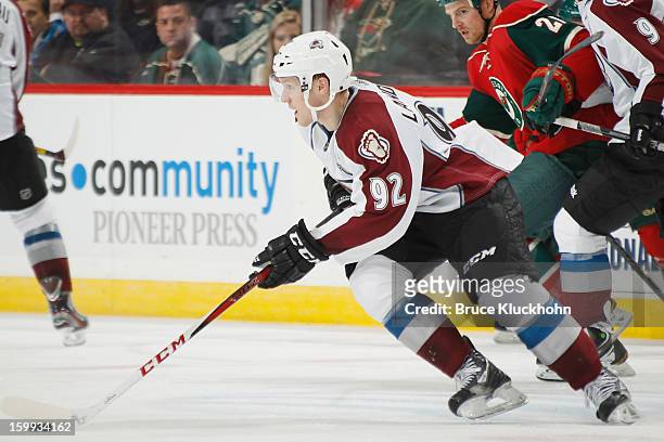 Gabriel Landeskog of the Colorado Avalanche skates with the puck against the Minnesota Wild during the game on January 19, 2013 at the Xcel Energy...