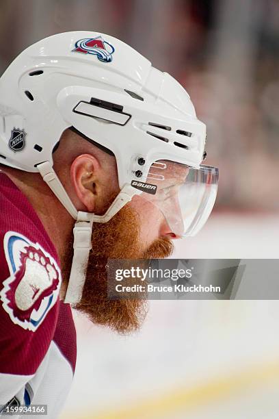 Greg Zanon of the Colorado Avalanche awaits a face-off against the Minnesota Wild during the game on January 19, 2013 at the Xcel Energy Center in...