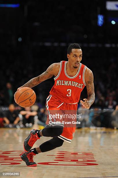 Brandon Jennings of the Milwaukee Bucks drives to the basket against the Los Angeles Lakers at Staples Center on January 15, 2013 in Los Angeles,...