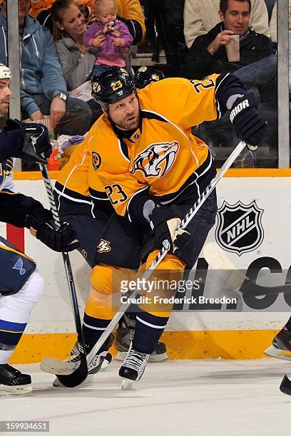 Brian McGrattan of the Nashville Predators plays against the St Louis Blues at the Bridgestone Arena on January 21, 2013 in Nashville, Tennessee.
