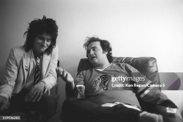 Ronnie Wood of the Rolling Stones and John Belushi are photographed backstage of Saturday Night Live on October 7, 1978 in New York City. CREDIT MUST...