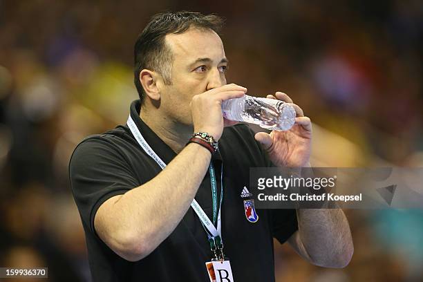 Head coach Slavko Goluza of Croatia drinks during the quarterfinal match between France and Croatia at Pabellon Principe Felipe Arena on January 23,...