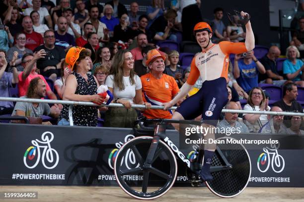 Gold medalist Harrie Lavreysen of Netherlands celebrates with fans after winning the Men's Elite Final Sprint at the 96th UCI Glasgow 2023 Cycling...