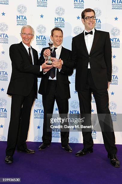 Paul O'Grady, winner of Factual Entertainment for "Paul O'Grady: For the Love of Dogs" poses with presenters Alexander Armstrong and Richard Osman in...