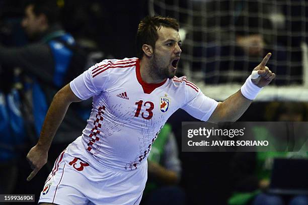 Croatia's right wing Zlatko Horvat celebrates after scoring during the 23rd Men's Handball World Championships quarterfinal match France vs Croatia...