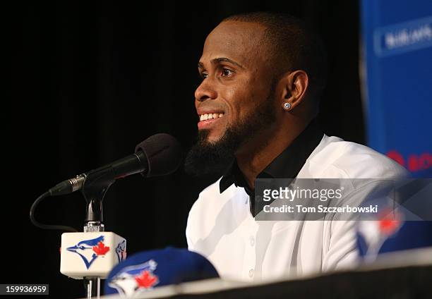 Jose Reyes of the Toronto Blue Jays is introduced at a press conference at Rogers Centre on January 17, 2013 in Toronto, Ontario, Canada.