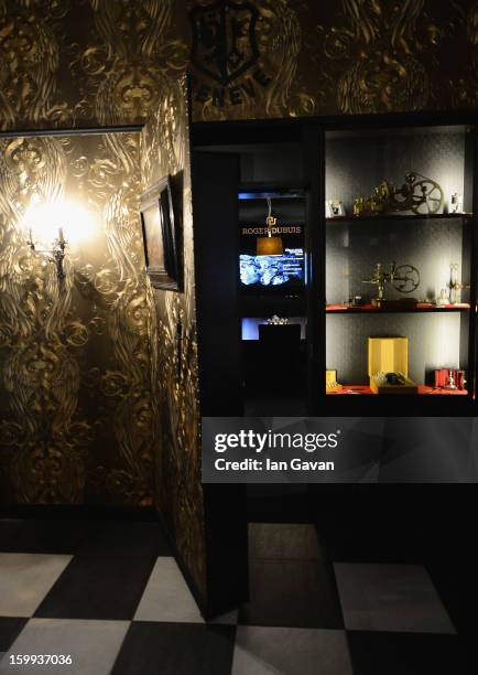 General view showing the office of CEO Jean-Marc Pontroue in the Roger Dubuis booth during the 23rd Salon International de la Haute Horlogerie at the...