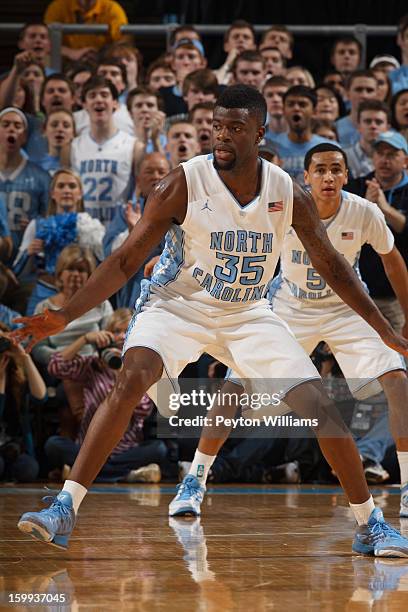 Reggie Bullock of the North Carolina Tar Heels guards during a game against the Maryland Terrapins on January 19, 2013 at the Dean E. Smith Center in...