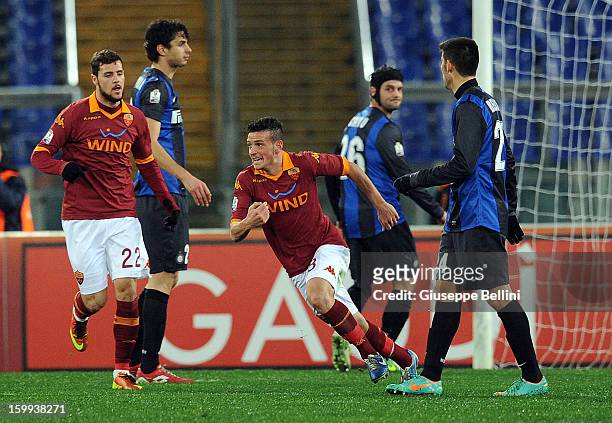 Alesandro Florenzi of Roma celebrates after scoring the opening goal during the TIM cup match between AS Roma and FC Internazionale Milano at Stadio...