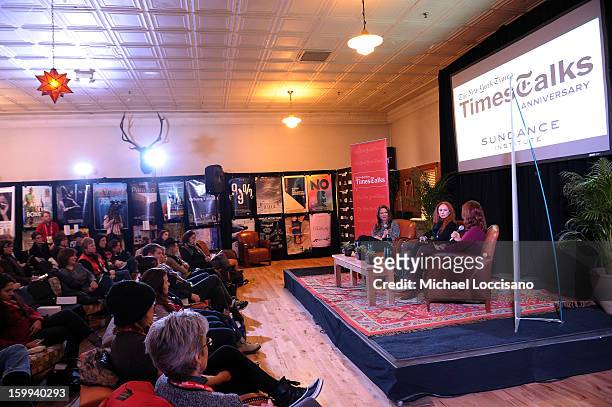 Actors Robin Weigert, Juno Temple and moderator Melena Ryzik speak during the Cinema Cafe Presented by Chase Sapphire Preferred SM Panel during the...