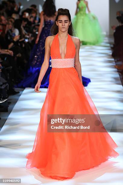 Model walks the runway during the Georges Chakra Spring/Summer 2013 Haute-Couture show as part of Paris Fashion Week at on January 23, 2013 in Paris,...