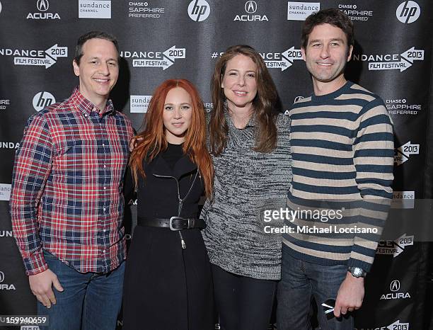 Actors Juno Temple and Robin Weigert with Tom Quinn and Jason Janengo, Co Presidents of The Weinstein Company's Radius attend the Cinema Cafe...