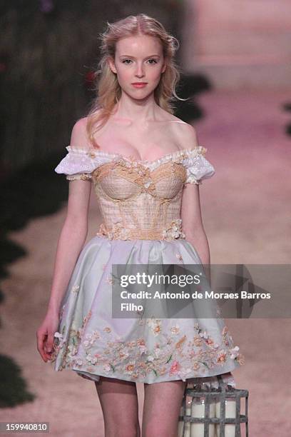 Model walks the runway during Zahia Spring/Summer 2013 Haute-Couture show as part of Paris Fashion Week at Palais De Tokyo on January 23, 2013 in...