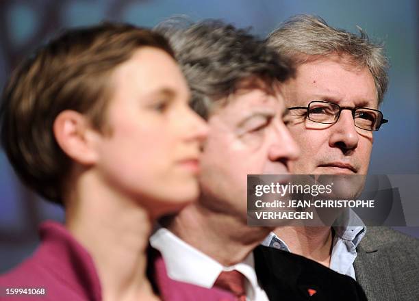 French far-left activist Clementine Autain , French far-left Parti de Gauche party's leader Jean-Luc Melenchon and French Communist Party national...