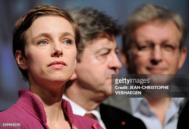 French far-left activist Clementine Autain , French far-left Parti de Gauche party's leader Jean-Luc Melenchon and French Communist Party national...