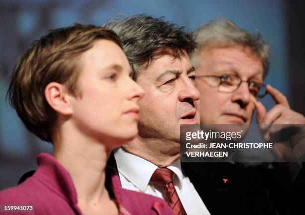 French far-left activist Clementine Autain , French far-left Parti de Gauche party's leader Jean-Luc Melenchon and French Communist Party national...