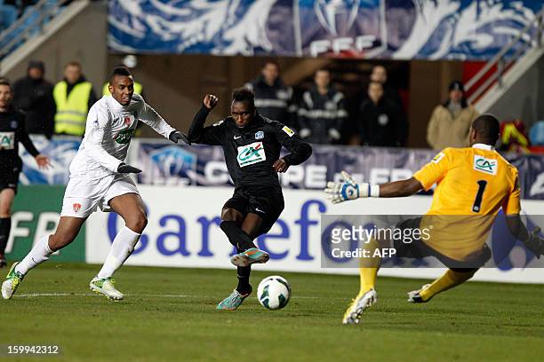S forward Alassane N'Diaye shoots and scores a goal during the French football Cup match CA Bastia vs Brest at the Armand Cesari stadium in Bastia,...