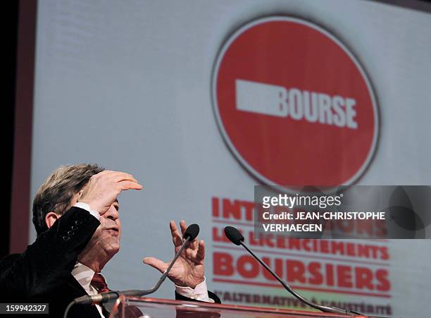 French far-left Parti de Gauche party's leader Jean-Luc Melenchon delivers a speech, on January 23, 2013 in Metz, eastern France, during a meeting...