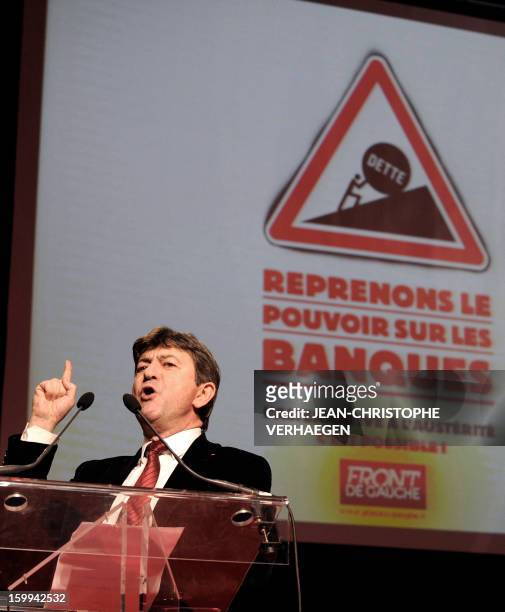 French far-left Parti de Gauche party's leader Jean-Luc Melenchon gestures as he delivers a speech, on January 23, 2013 in Metz, eastern France,...